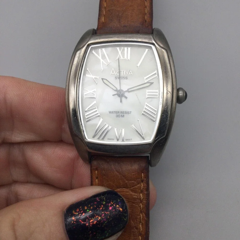 Activa Swiss Womens Watch 33mm MOP Dial Brown Leather Band 30M New Battery